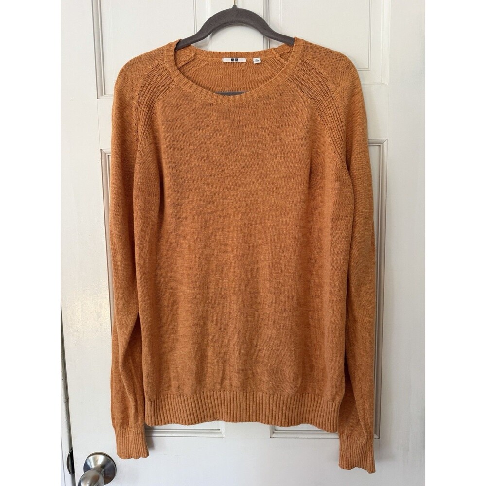 Uniqlo Mens Orange Linen Cotton Knit Crewneck Long Sleeve Pullover Sweater L